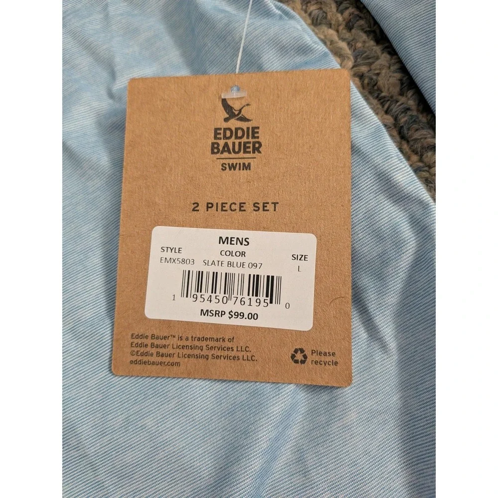 Eddie Bauer Swim Set Mens L Slate Blue Sun Hoodie Volley Trunks 7in EMX5803 NEW